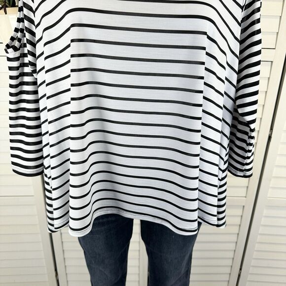 IC‎ by Connie K Black White Stripe Cold Shoulder Blouse Top Lagenlook Size L - Picture 4 of 9